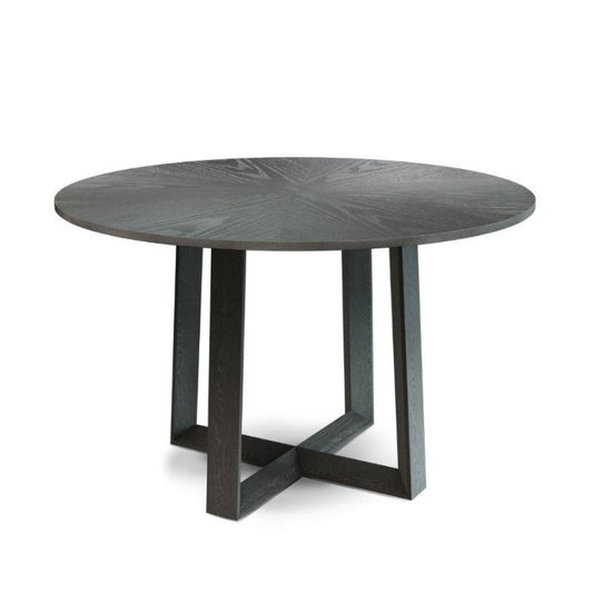 Black round dining table on a white background