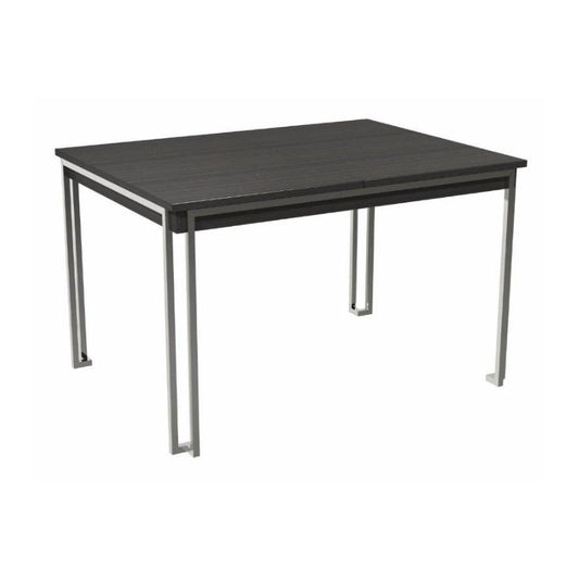 Rectangular table with dark surface and metal legs on a white background