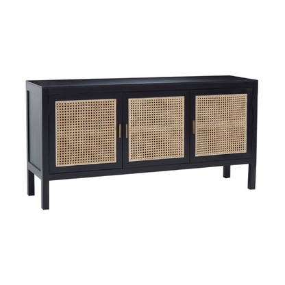 Black cabinet with rattan doors on a white background