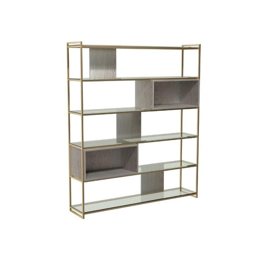 Gillmore Federico Weathered Oak Veneer & Brass Frame Bookcase Bookcase