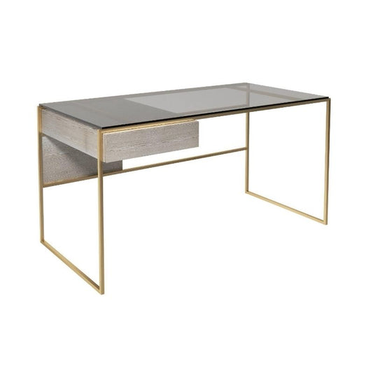 Modern desk with glass top and gold frame on a white background