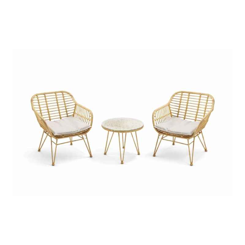 Two wicker chairs with gold frames and white cushions, accompanied by a matching round table on a white background.