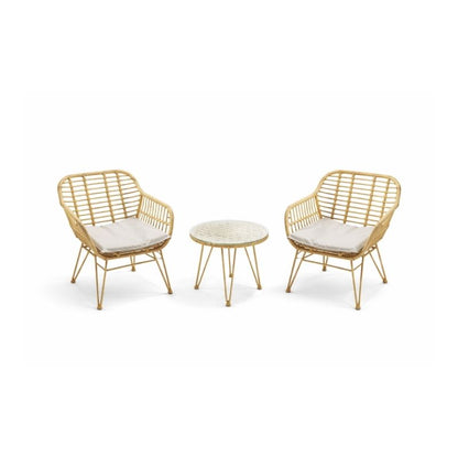 Two wicker chairs with gold frames and white cushions, accompanied by a matching round table on a white background.