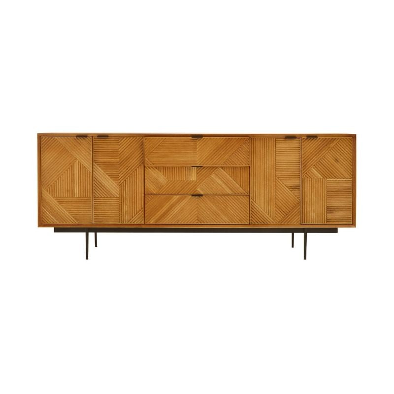 Wooden sideboard with geometric pattern on a white background