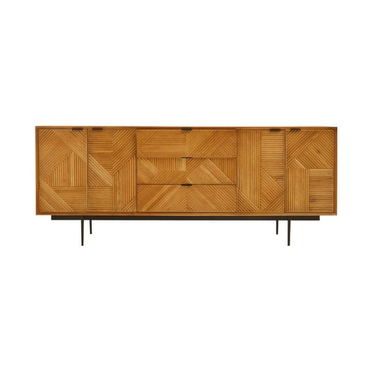 Wooden sideboard with geometric pattern on a white background