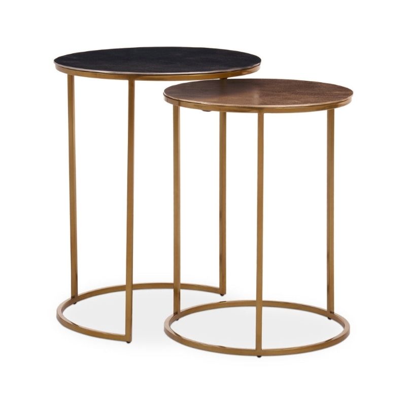 Two round side tables with gold metal frames and black and brown tops on a white background