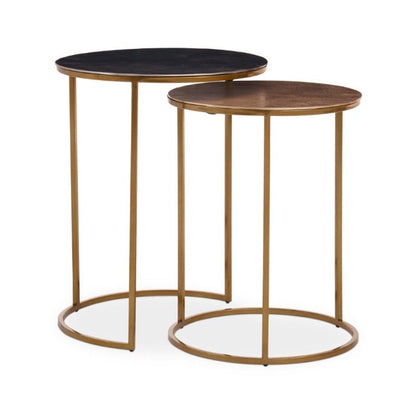 Two round side tables with gold metal frames and black and brown tops on a white background