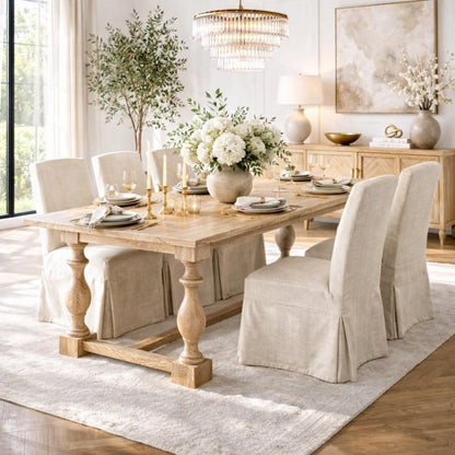 Dining room with wooden table and chairs, decorated with flowers and candles.