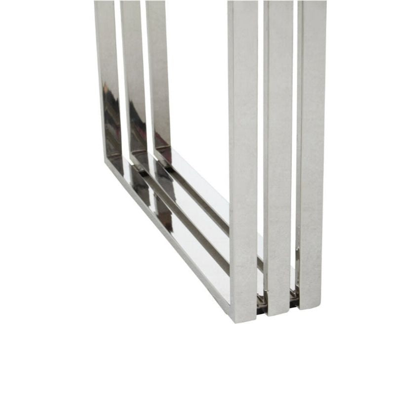Metallic rectangular object with vertical bars on a white background