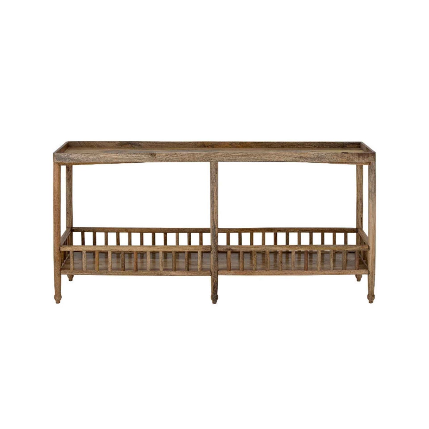 Wooden console table with a shelf on a white background