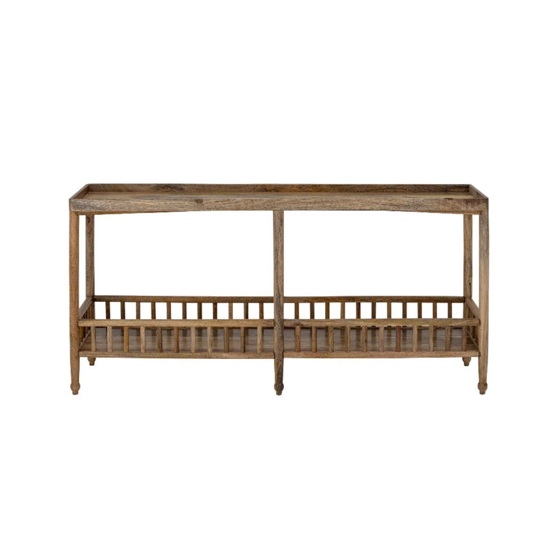 Wooden console table with a shelf on a white background