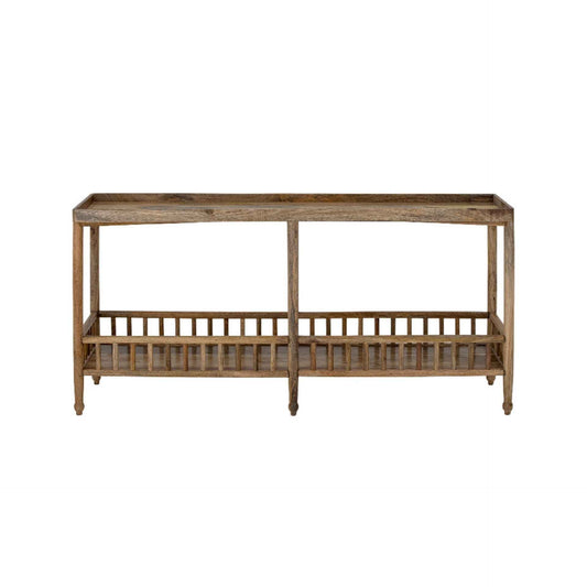 Wooden console table with a shelf on a white background