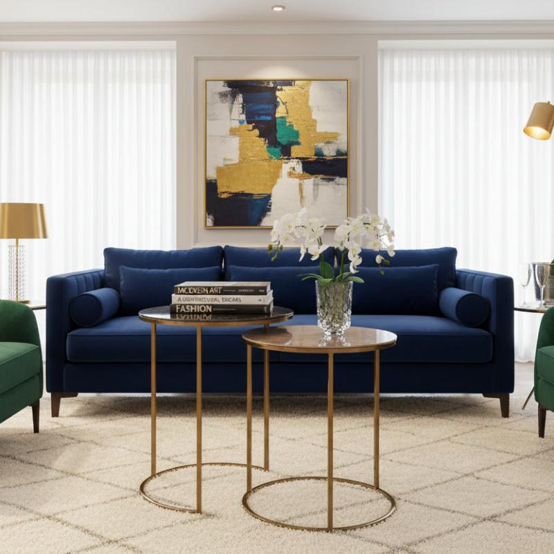 Living room with gray sofa, gold side tables, and white flowers.