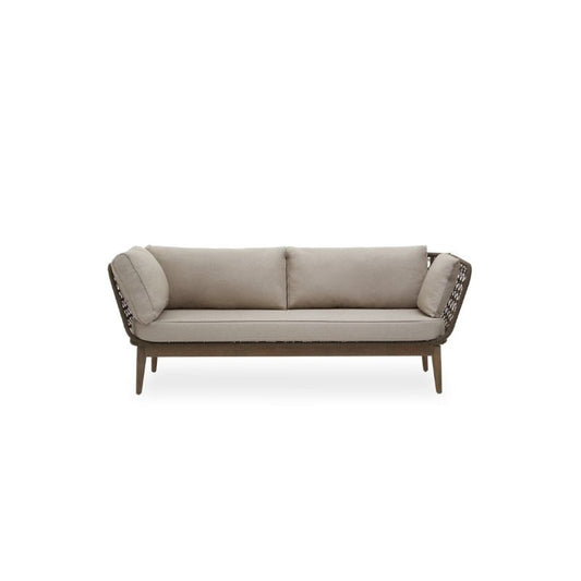 Beige sofa with wooden legs on a white background