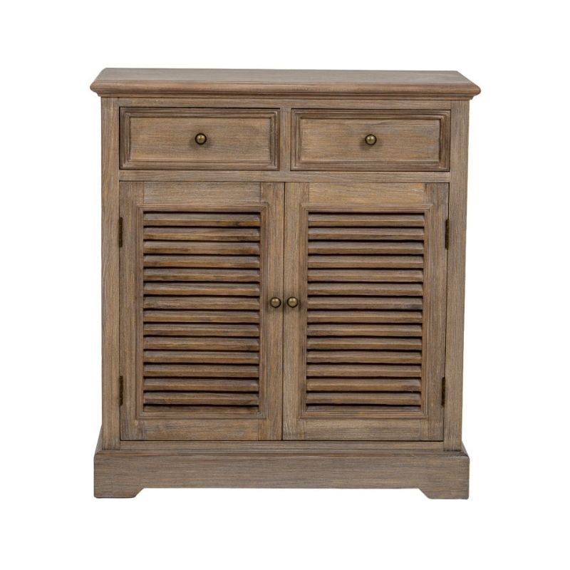 Wooden cabinet with two drawers and two shutter doors on a white background