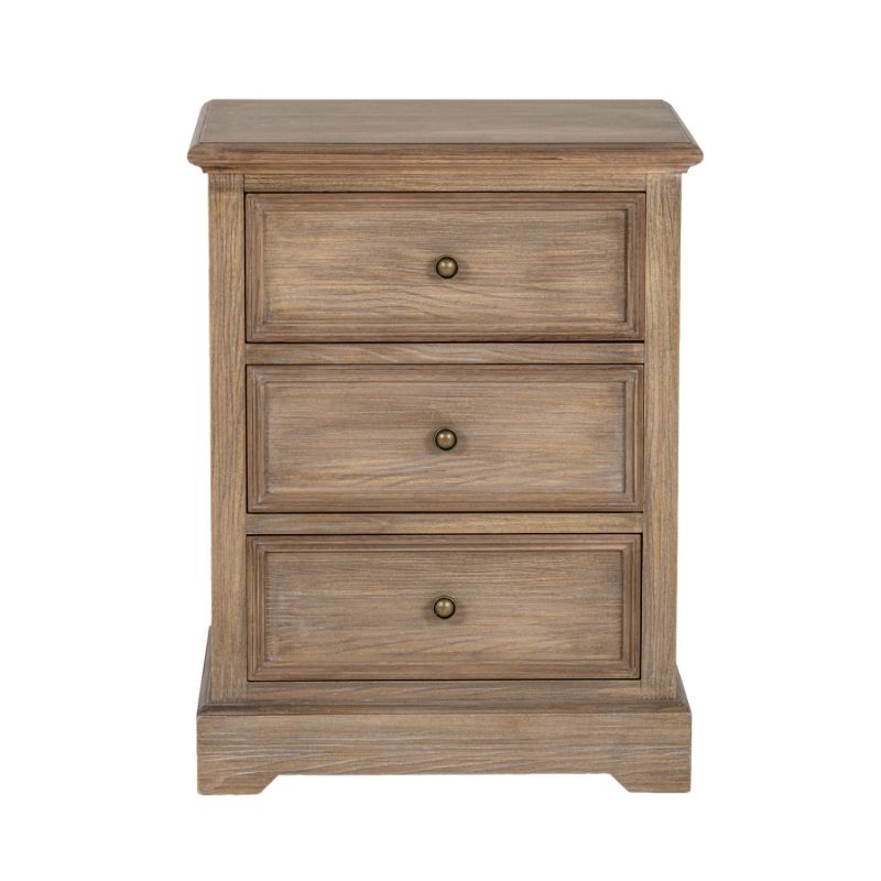 Wooden nightstand with three drawers on a white background