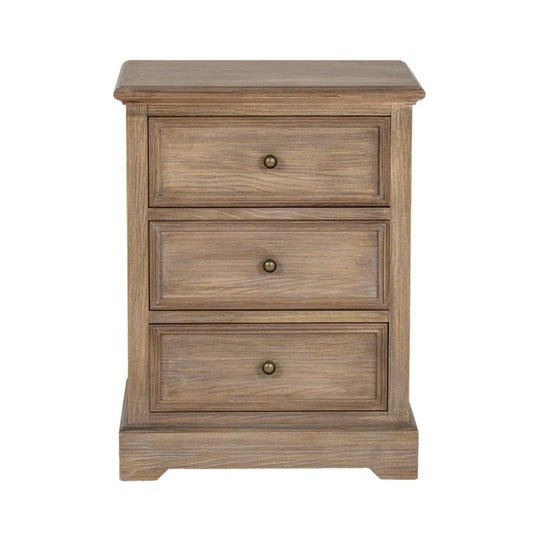 Wooden nightstand with three drawers on a white background