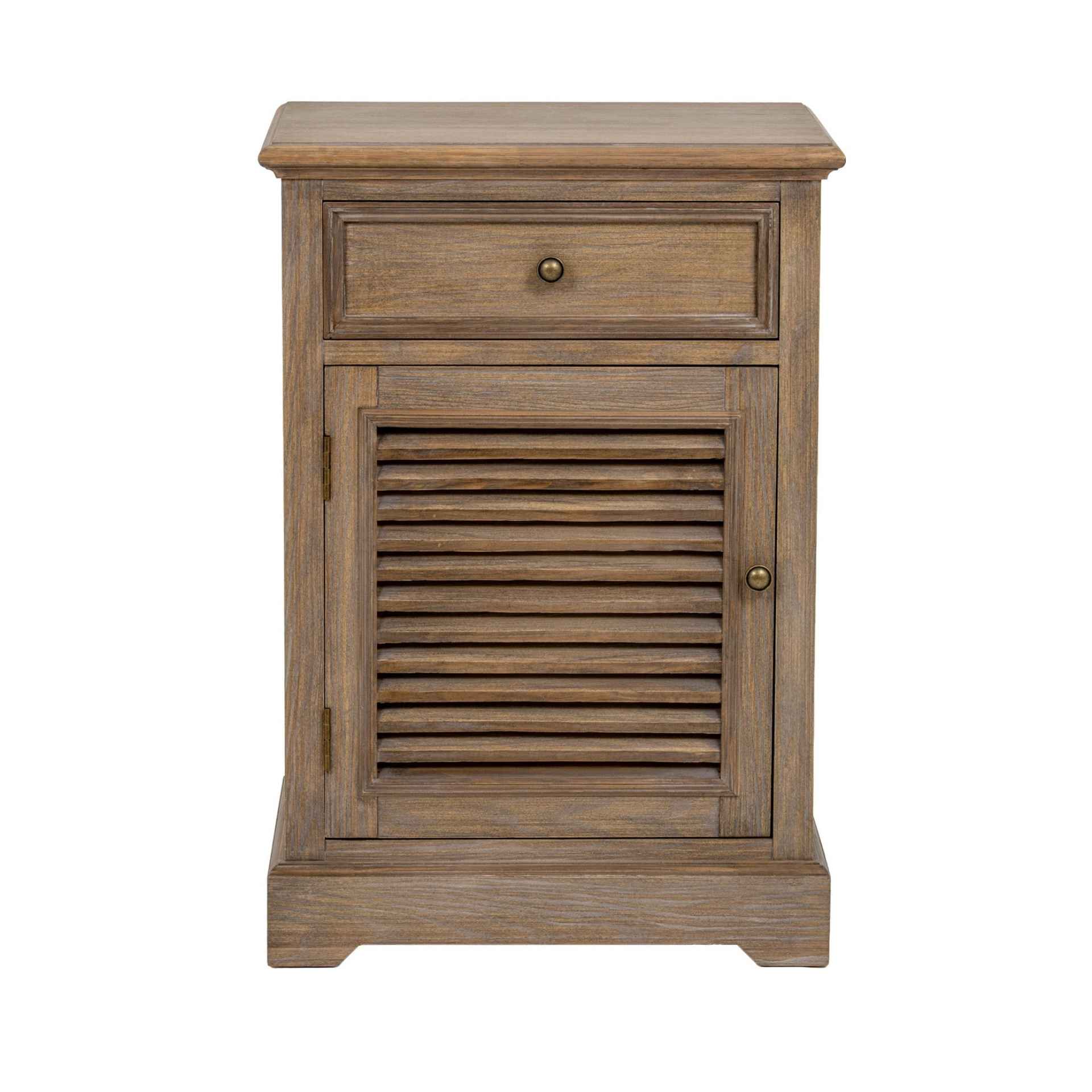 Wooden side table with a drawer and shutter door on a white background