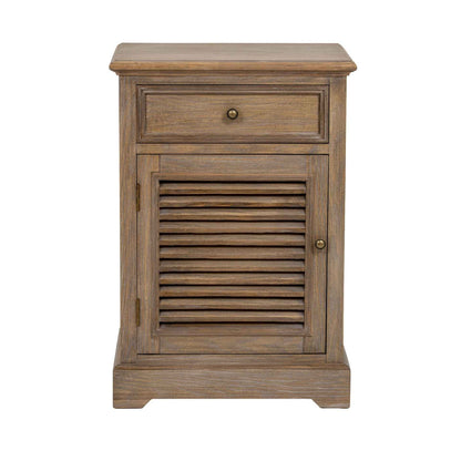 Wooden side table with a drawer and shutter door on a white background