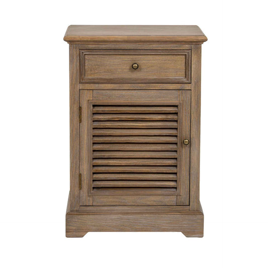 Wooden side table with a drawer and shutter door on a white background