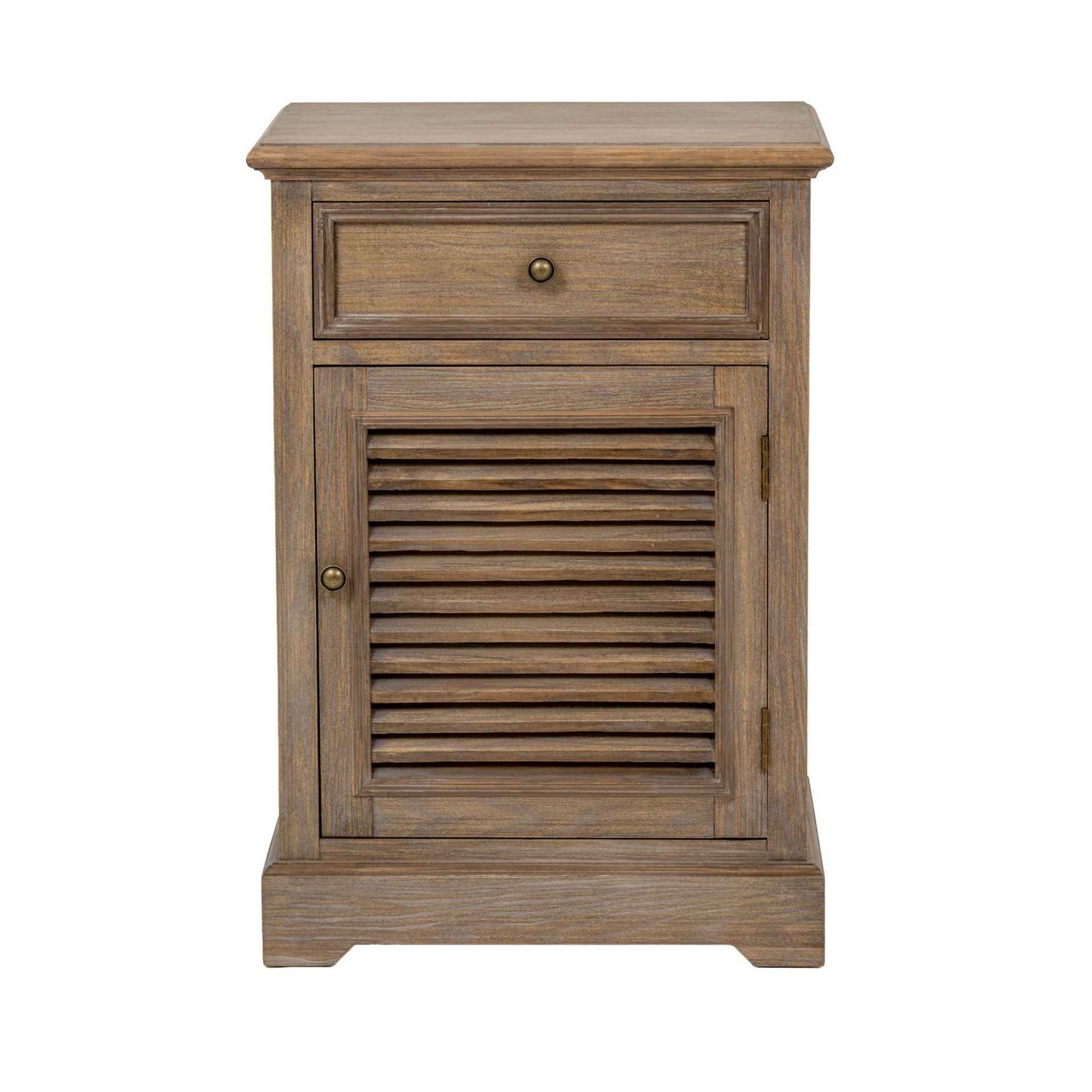 Wooden side table with a drawer and shutter door on a white background