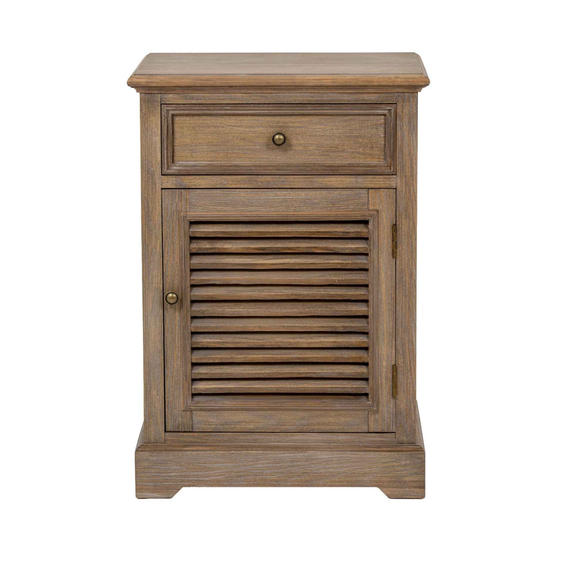 Wooden side table with a drawer and shutter door on a white background