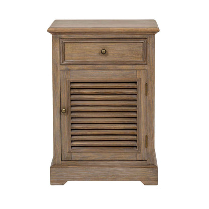 Wooden side table with a drawer and shutter door on a white background