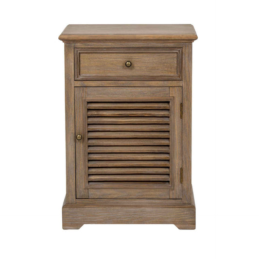 Wooden side table with a drawer and shutter door on a white background