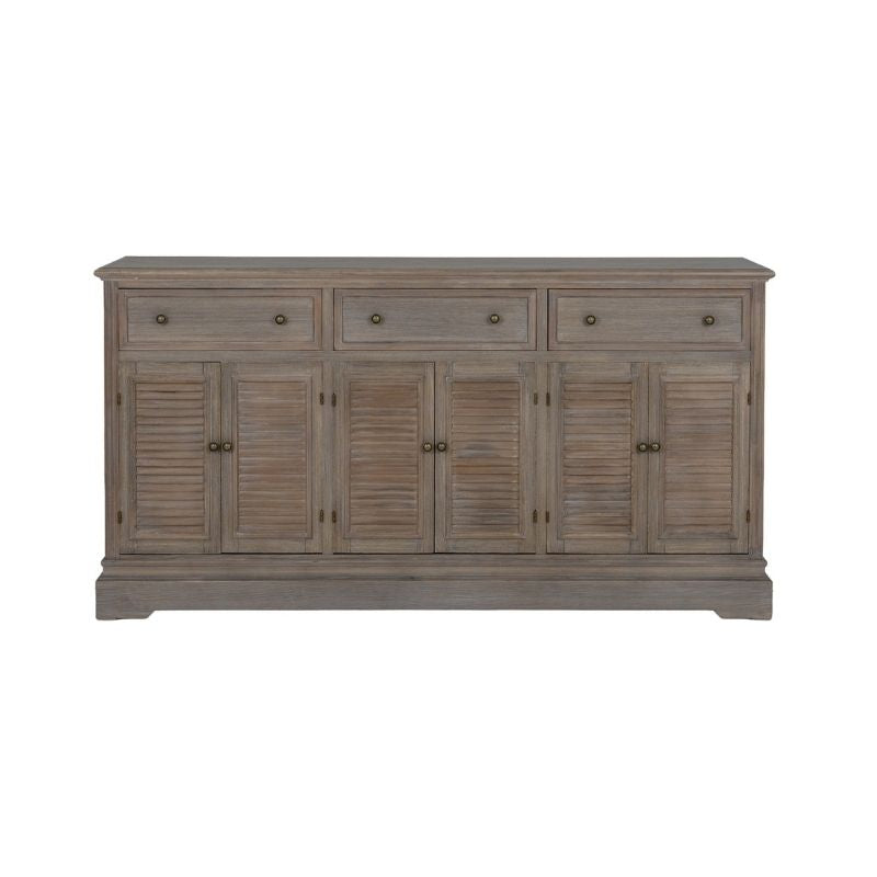 Wooden sideboard with a rustic finish on a white background