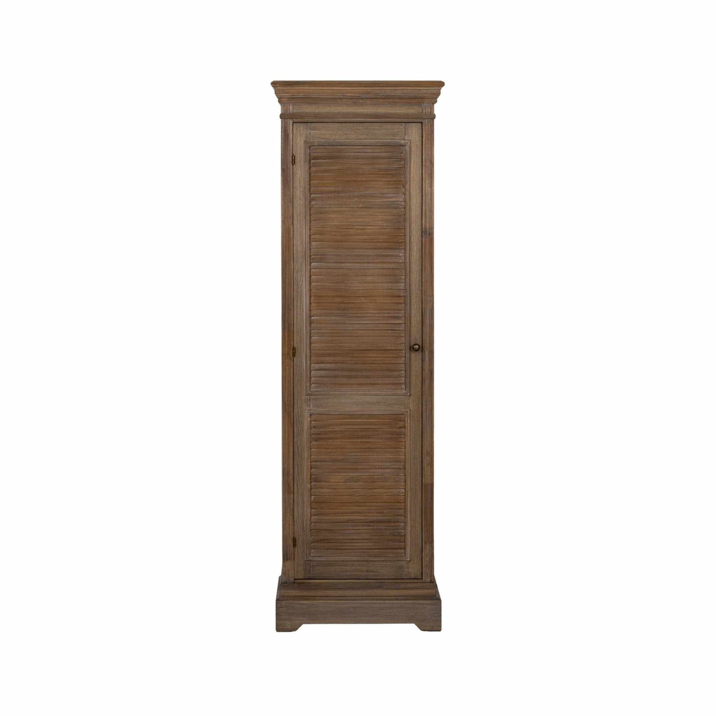 Wooden cabinet with a slatted design on a white background