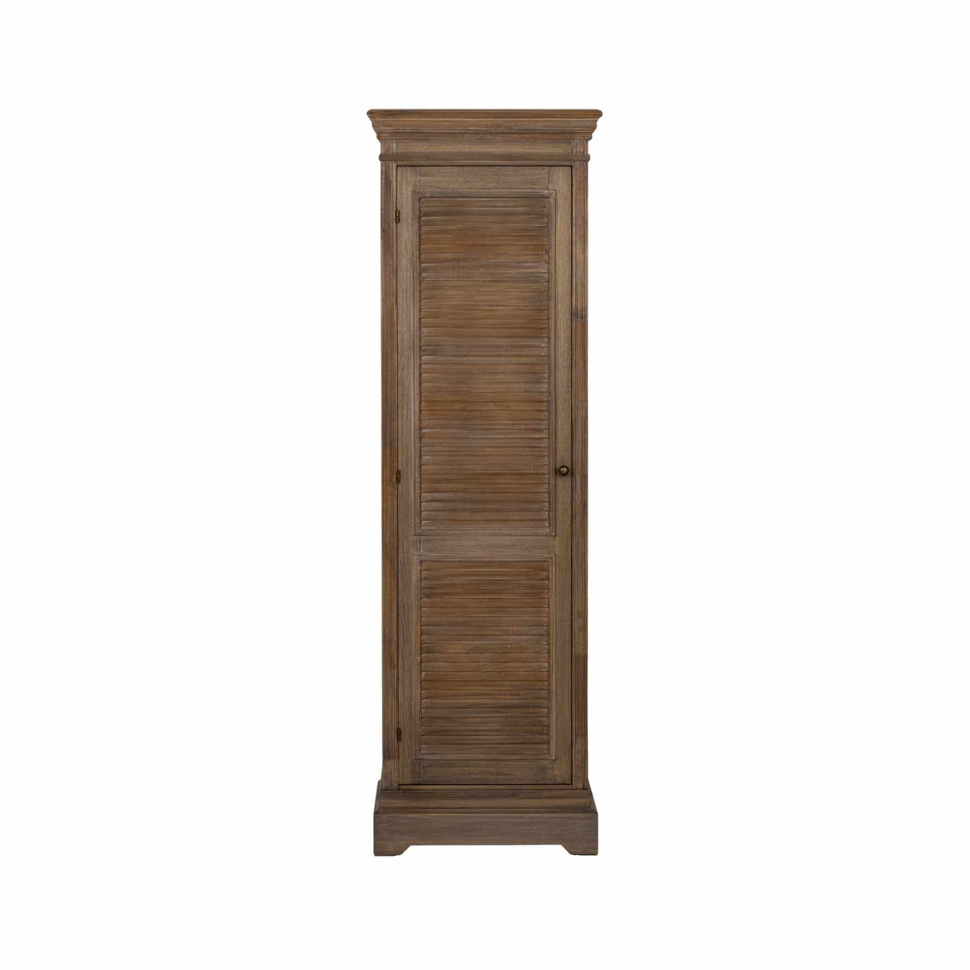 Wooden cabinet with a slatted design on a white background