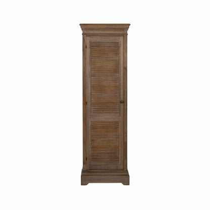 Wooden cabinet with a slatted design on a white background