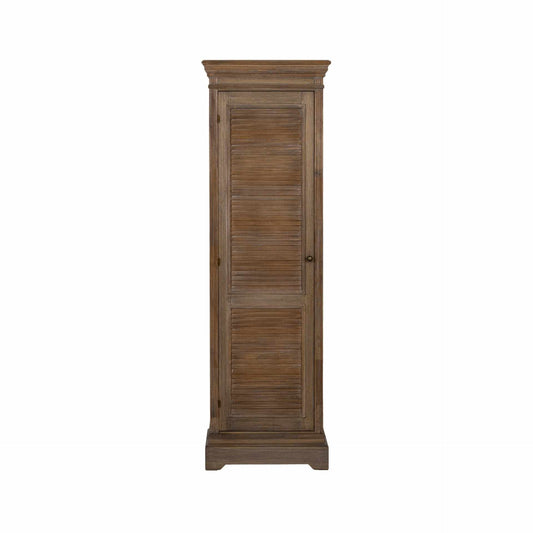 Wooden cabinet with a slatted design on a white background