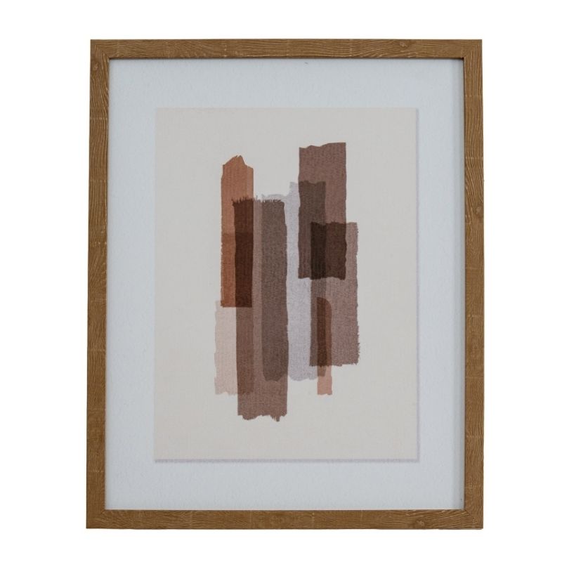 Framed abstract art piece with brown and beige colors on a white background