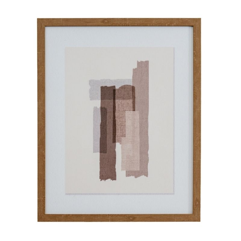 Framed abstract art piece with brown and beige colors on a white background