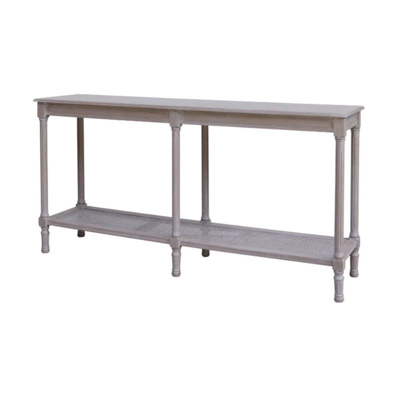 Grey console table with a shelf on a white background