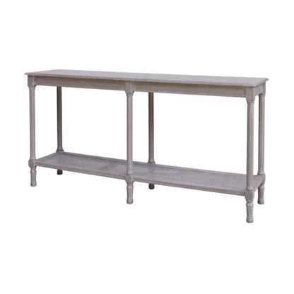 Grey console table with a shelf on a white background