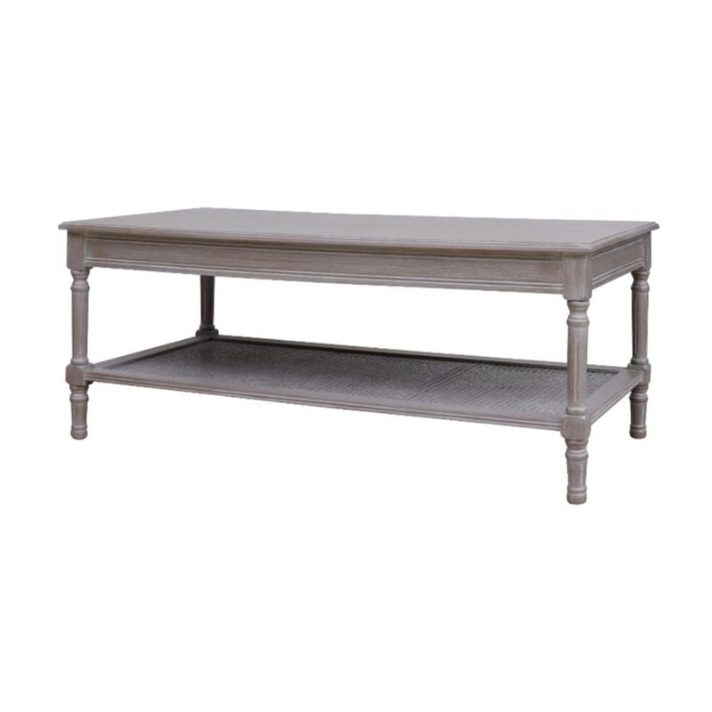 Grey coffee table with a shelf on a white background
