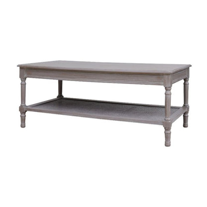 Grey coffee table with a shelf on a white background