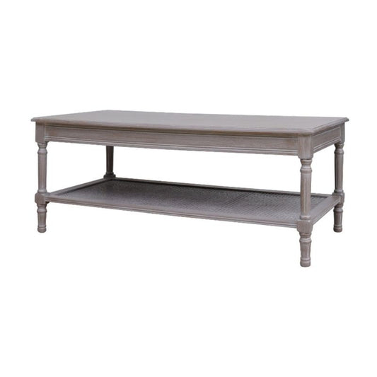 Grey coffee table with a shelf on a white background
