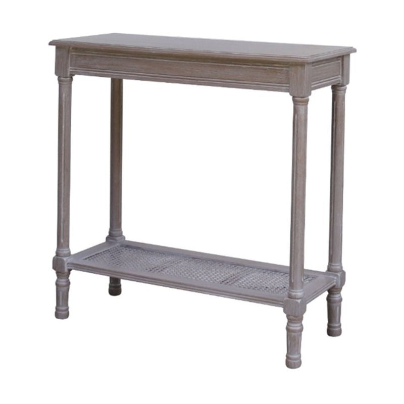 Wooden console table with a single shelf on a white background