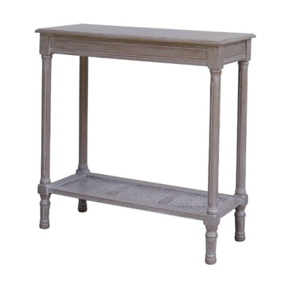 Wooden console table with a single shelf on a white background