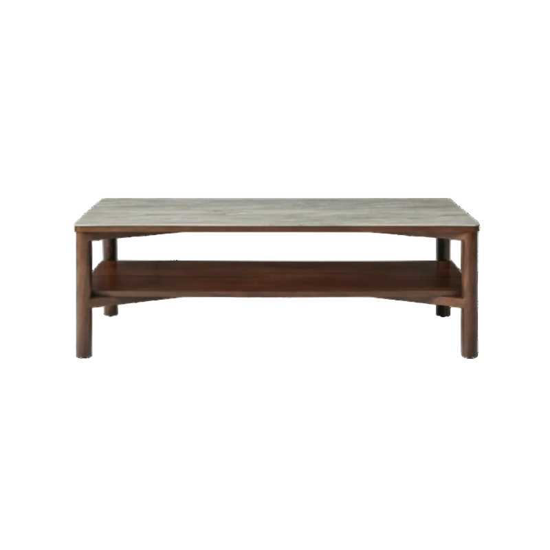 Wooden coffee table with a shelf on a white background