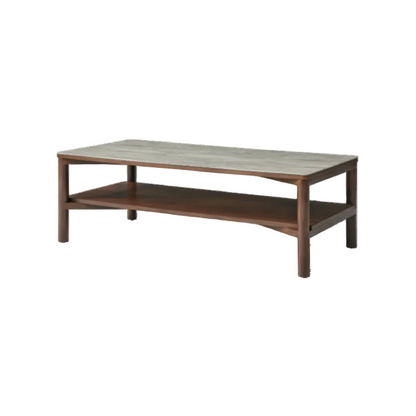 Coffee table with a wooden frame and stone-like top on a white background